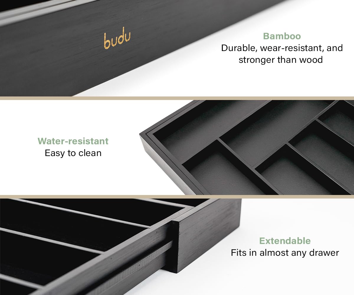 budu Cutlery Tray #50 (Depth 50 cm) Made of Bamboo - Black - Drawer Organiser System for the Kitchen - Cutlery Tray for Bamboo Drawers - Extendable -