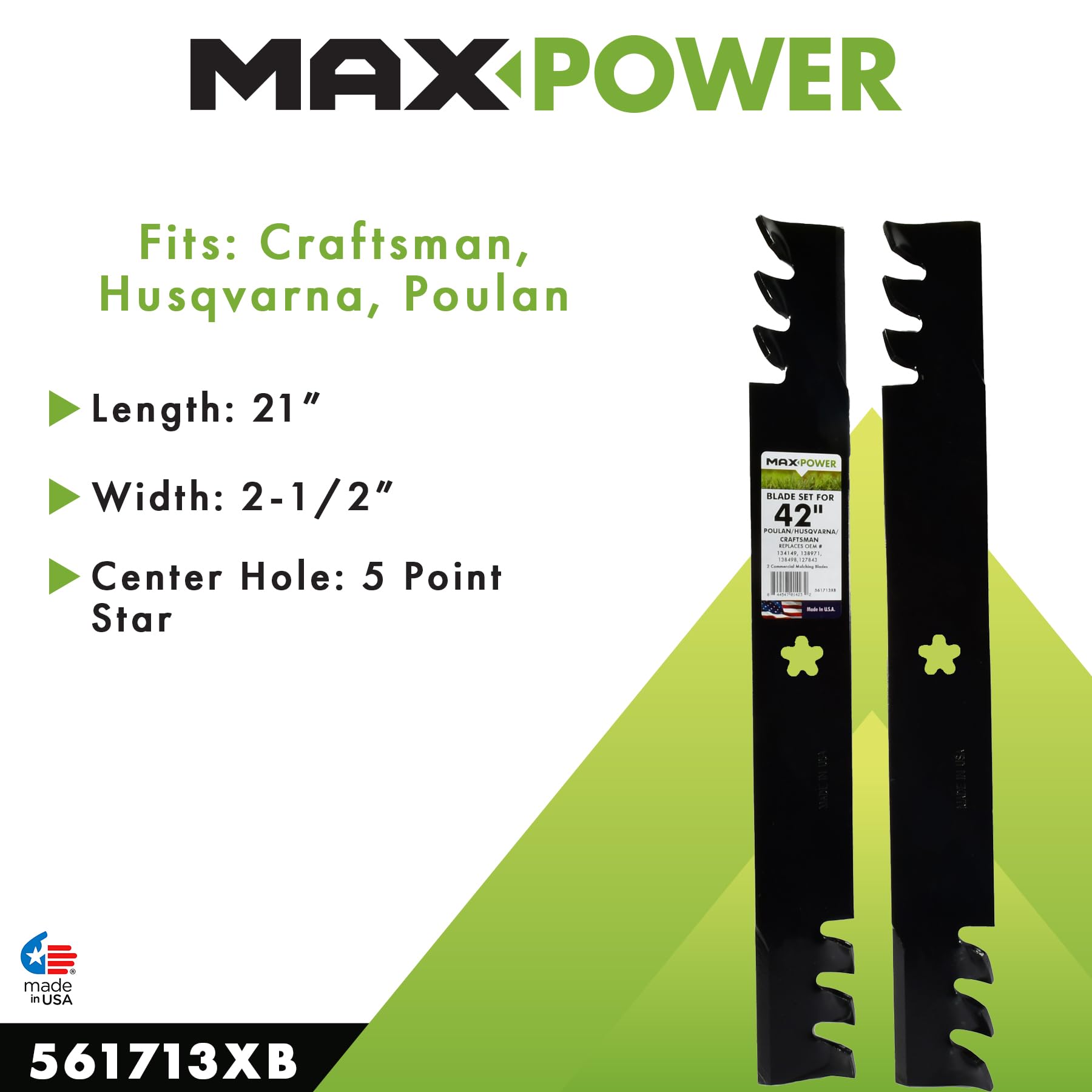 Maxpower 561713XB 2 Commercial Mulching Blade Set for Many 42 in. Cut Craftsman, Husqvarna, Poulan Mowers Replaces OEM #'s 138498, 138971, 532138971,