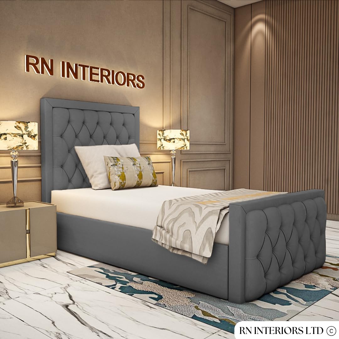 YB INTERIORS LTD Chesterfield Sleigh Bed Frame Upholstered Bed Frame With 125cm High Floor Standing Headboard Bed Frame Without Storage (Grey, 4FT6