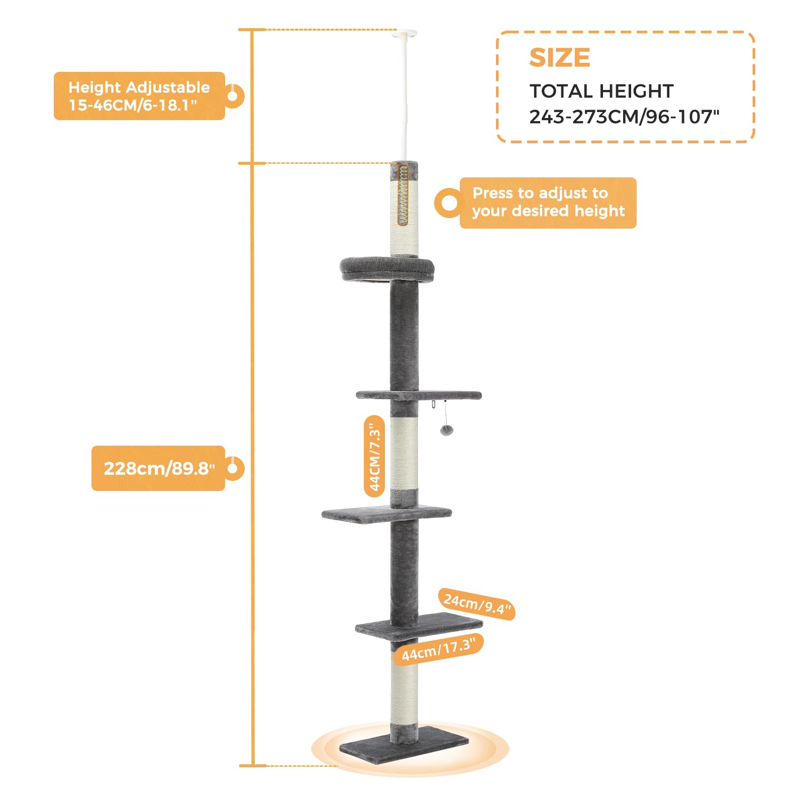 PAWZ Road Cat Tree 5-Tier Floor to Ceiling Cat Tower Height Adjustable, Tall Kitty Climbing Activity Center with Scratching Post, Cozy Bed, Dangling