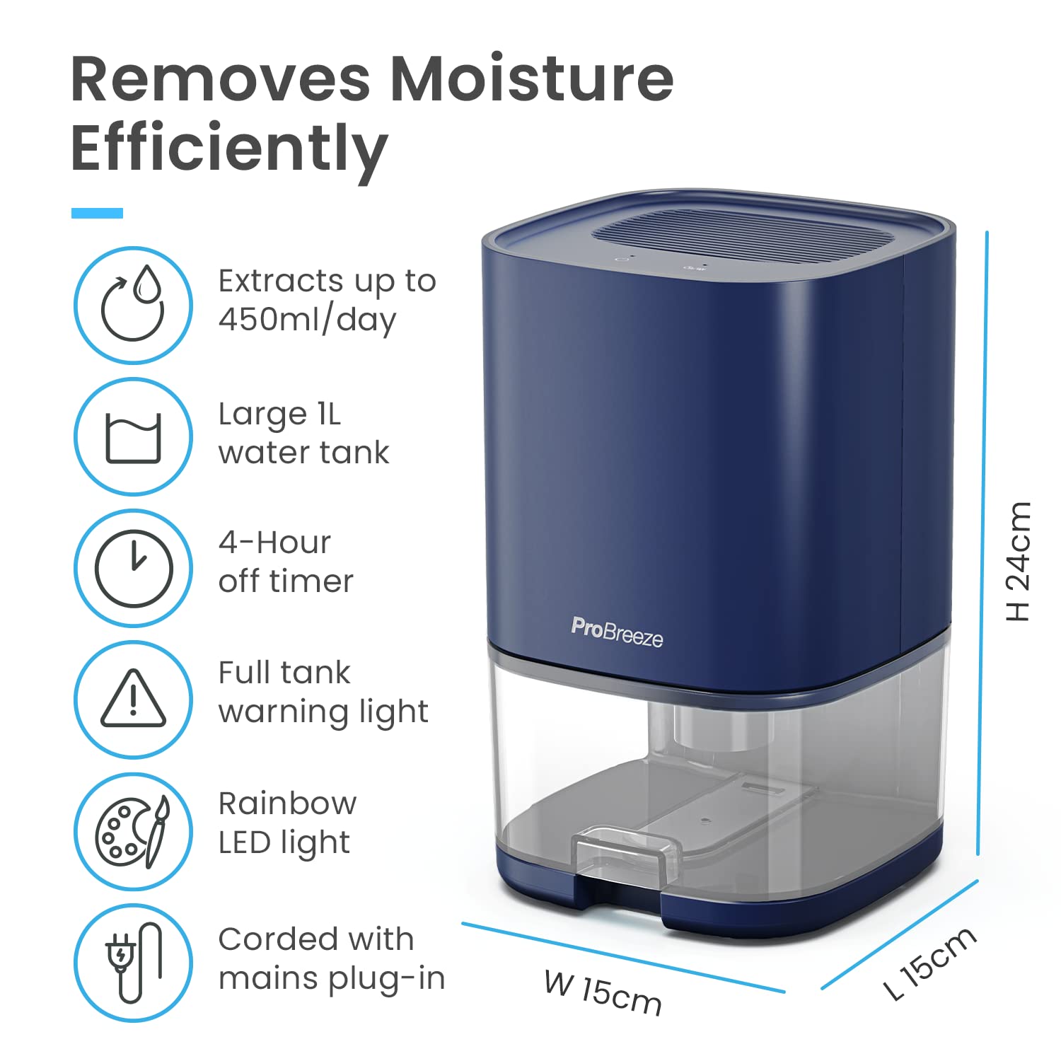 Pro Breeze 1000ml Dehumidifier for Bathroom - Quiet, Portable & Small Air Dehumidifier for Bedroom Mould, Damp & Moisture - with 4-Hour Timer, Auto