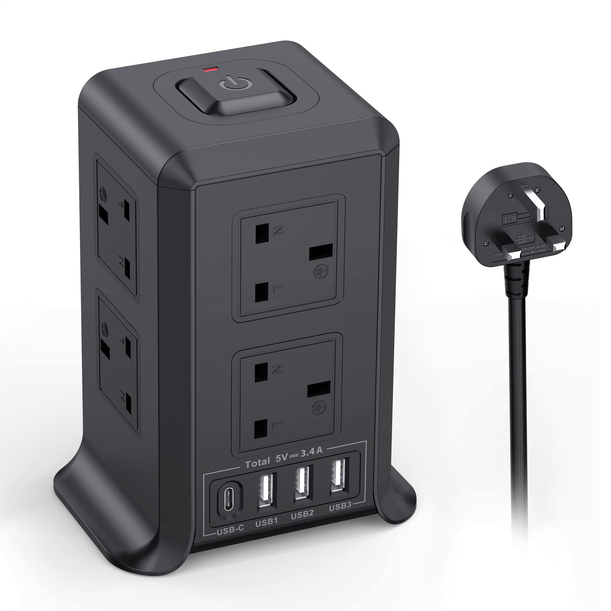 Tower Extension Leads with 4 USB Slots, 5M Extension Lead with 8 Way Plug Extension Tower, Surge Protected Extension Lead with Switch, Multi Socket