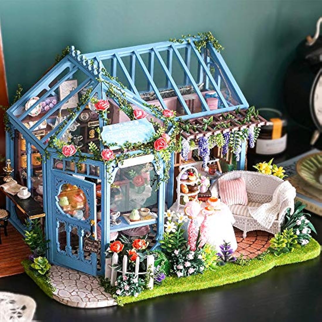 CUTEBEE Dollhouse Miniature with Furniture, DIY Wooden DollHouse Kit, 1:24 Scale Creative Room for Valentine's Day Gift Idea-Rose Garden Tea House