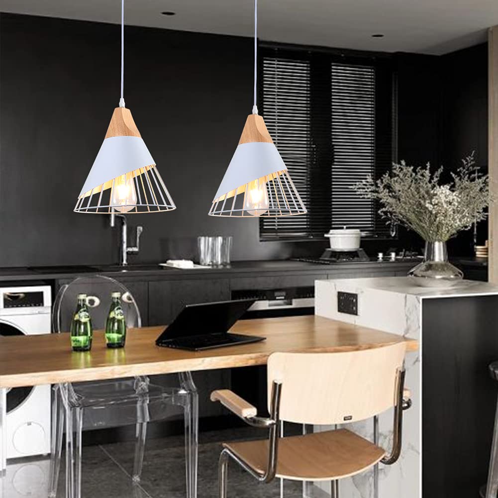 WOWEWA White Modern Pendant Light Over Kitchen Island,Adjustable Wood Hanging Light Fixture,E27 Industrial Pendant Lighting for Dining Room,Living