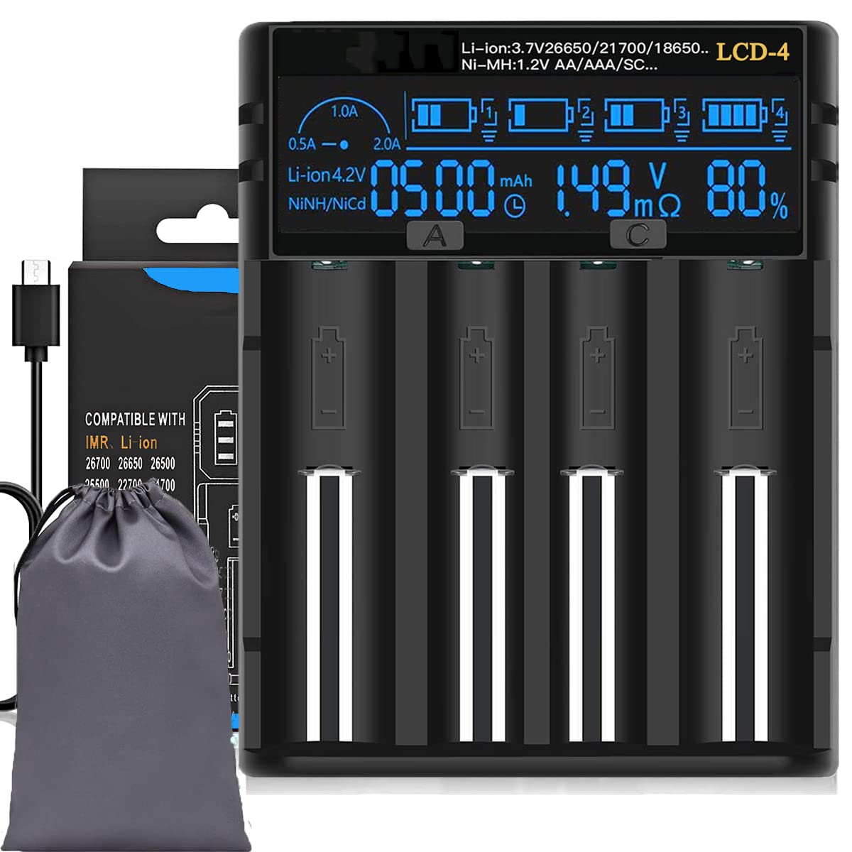 Universal Fast 18650 Battery Charger with LCD Display Battery Capacity Information, Suitable for 3.7v 1.2v Batteries 26650 18650 18490 18350 17670