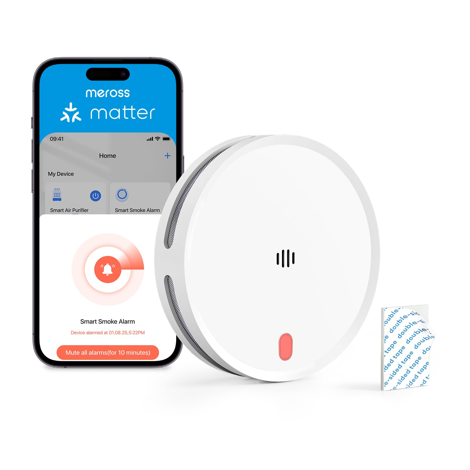Meross Smart Smoke Alarm MA151 (Hub Required), 10-Year Lifespan WiFi Smoke Detector Works with App, HomeKit, Alexa, Google Home and Home Assistant,