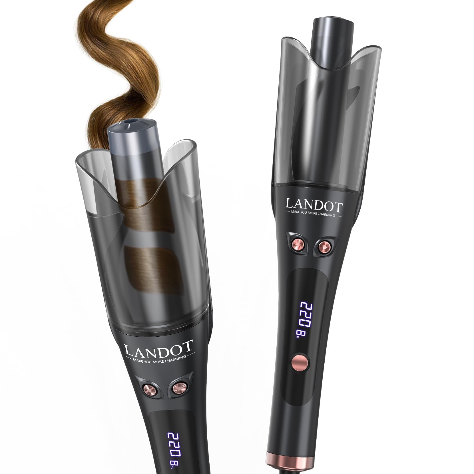 LANDOT Hair Curler Automatic Rotating, 2-Way Curling Wand with Anti-Scald Guard & Tangle-Free Technology, 8 Heat Settings & Dual Voltage for Salon