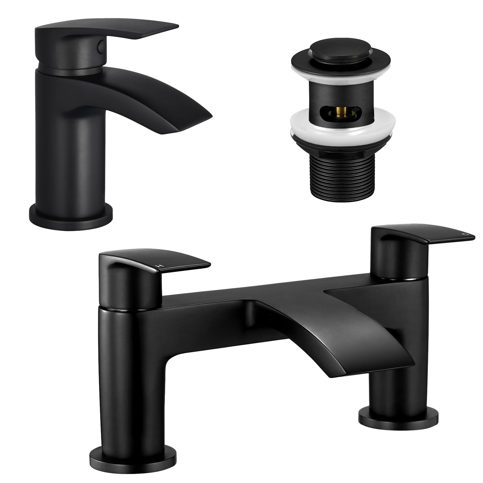 Peppermint Bath and Basin Mixer Taps Set with Pop up Slotted Basin Waste Matte Black Waterfall Bathroom Sink Tap & Bathtub Filler Tap Tub Faucet