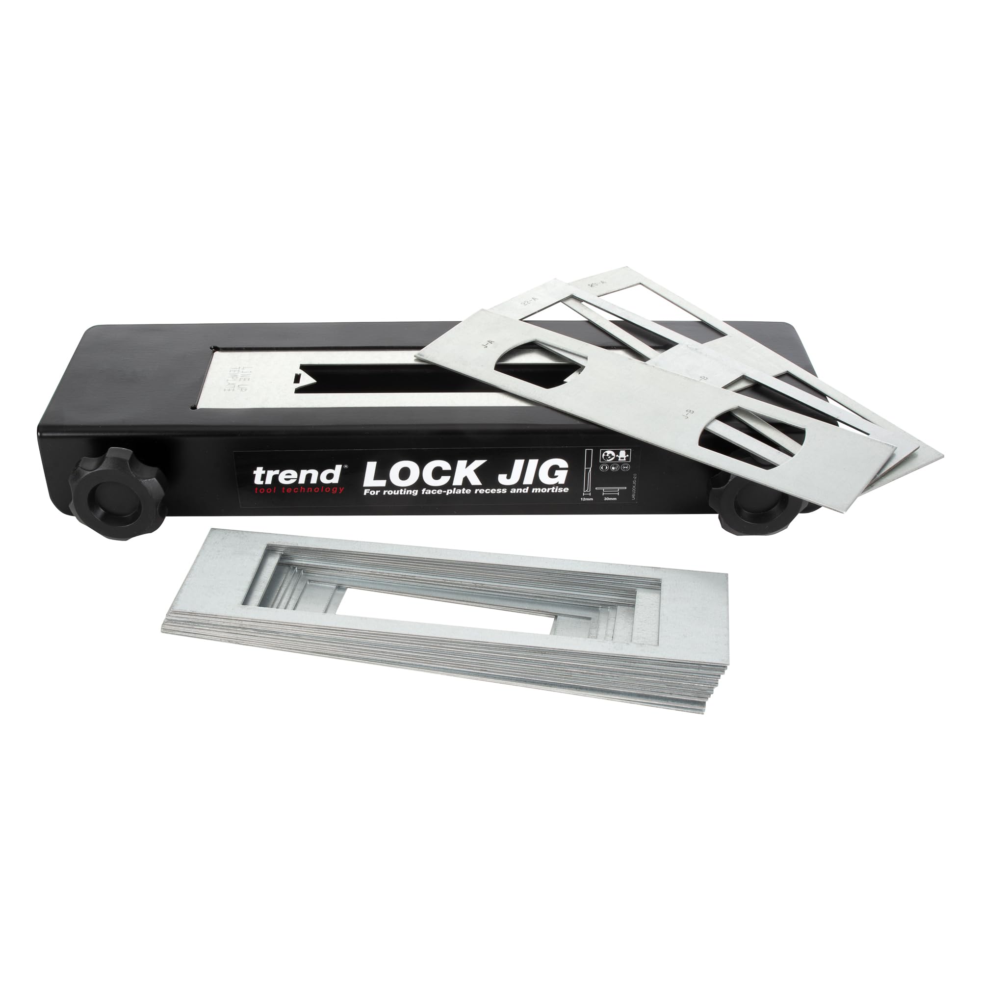 Trend Professional Lock Jig, Adjustable Fence for 34mm-58mm Doors, Quick-Release Clamps, 20 Interchangeable Templates, Lock/JIG/C