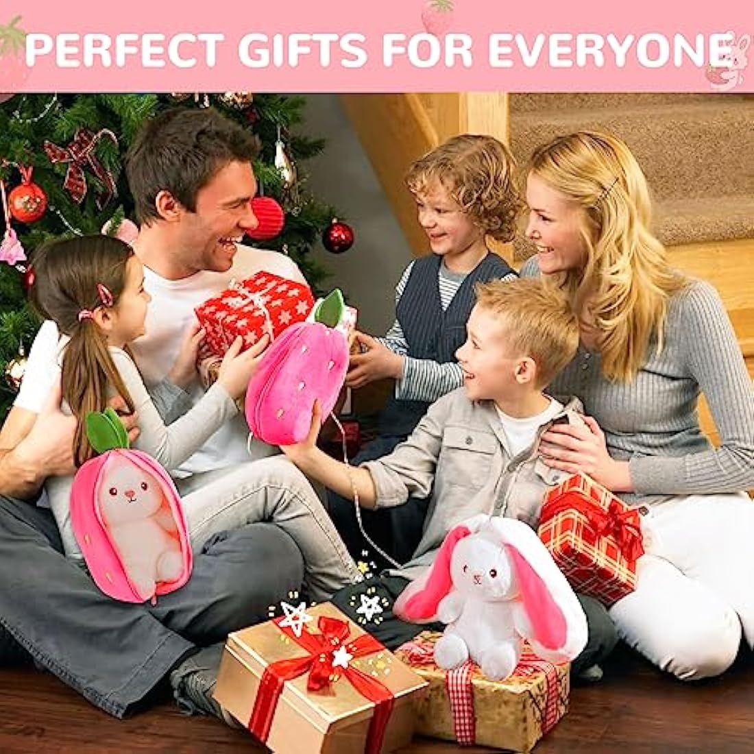 TOGETDREAM Easter Plush Bunny Toy, Soft Plush Toy 25cm Carrot Strawberry Plushies Doll, Cute Cuddly Stuffed Animals Hide And Seek Rabbit Muppet Toys Birthday Gifts for 12+ Years Old Kids (pink)