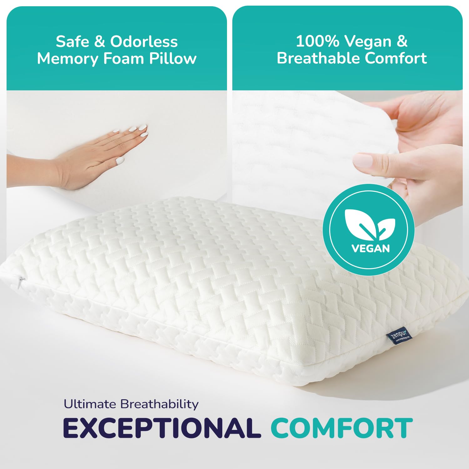 ZenPur Memory Foam Pillow, Orthopedic Pillow for Neck Support, EU Made, Soft version, 2-Pack, Comfortable Side Sleeper Pillow with Bamboo Pillow