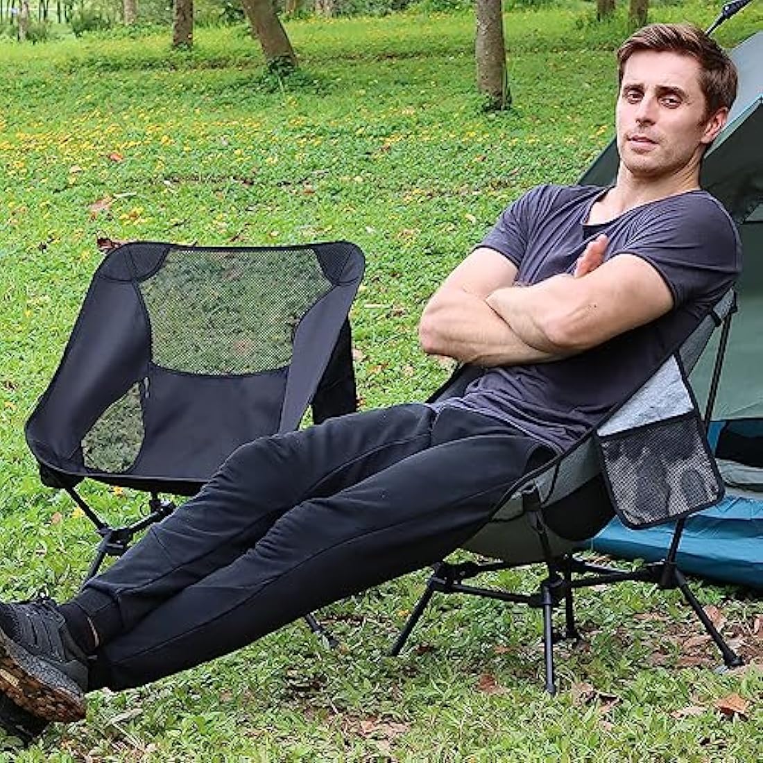 TEIVUL Camping Chairs Set - Lightweight Folding Chairs with Pocket and Cup Holder for Travel, Picnic, Hiking, Fishing - Black & Grey