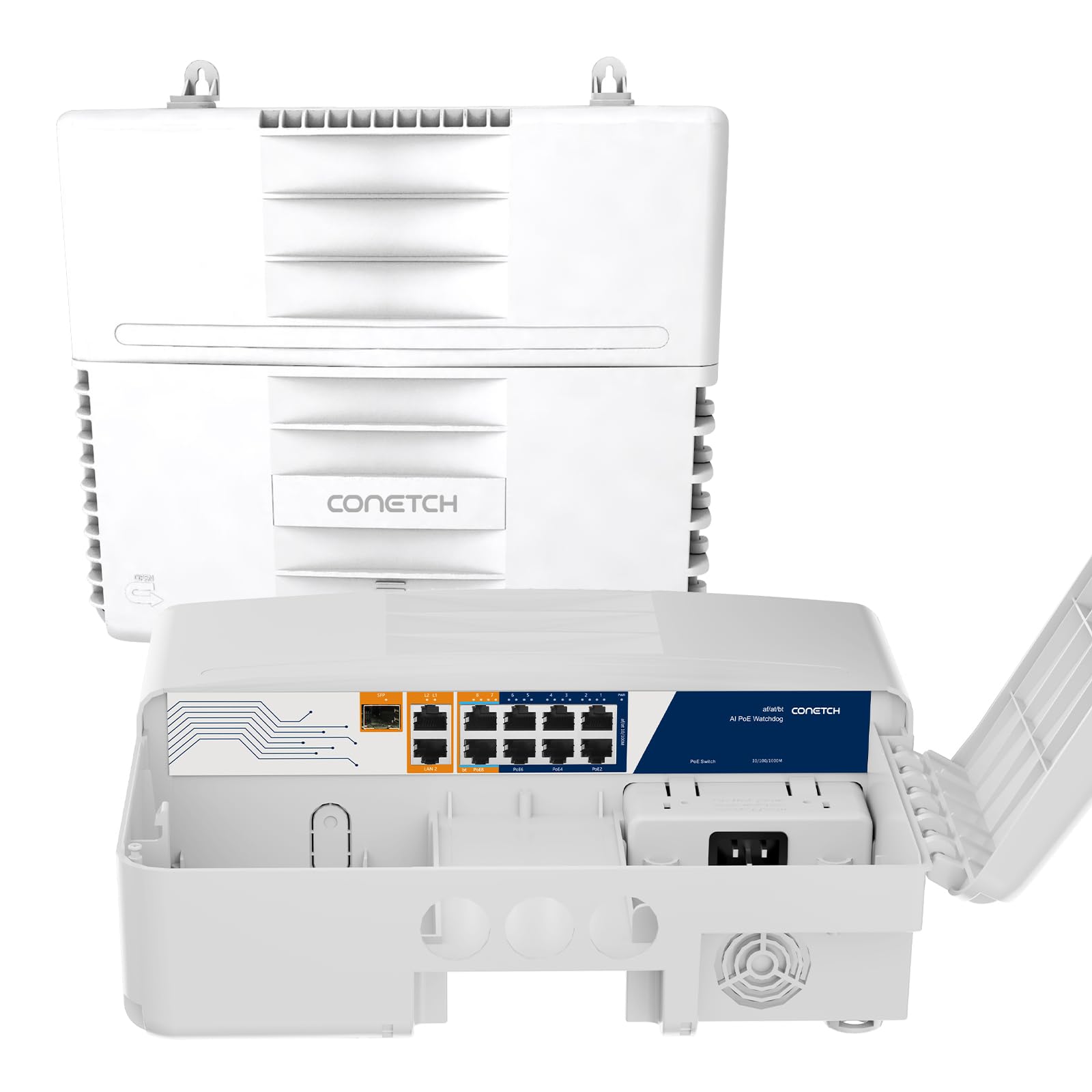 CONETCH 11 Port Outdoor PoE Switch with 2 Uplink & 1 SFP, IP65 Waterproof, All-in-one Box, 100/1000Mbps Mixed, Unmanaged, 120W Built-in power,