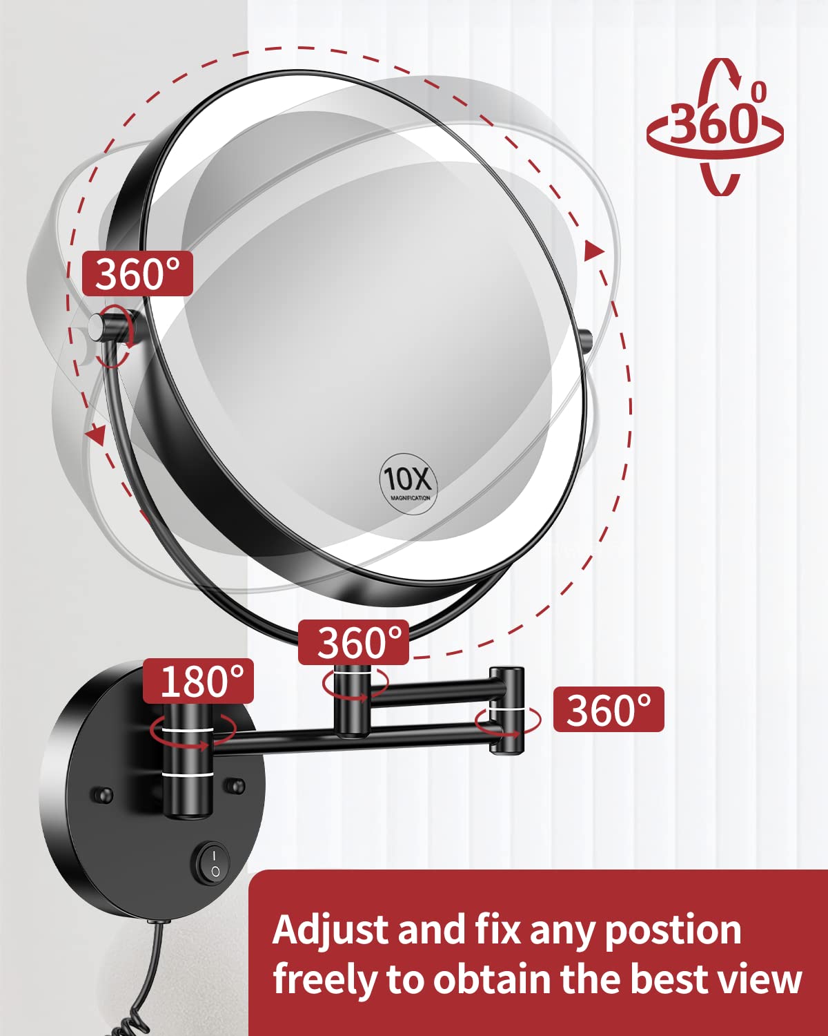 Gospire 9 Wall Mounted Lighted Makeup Vanity Mirror with 3 Color Lights & Stepless Dimming, 1X/10X Magnifying LED Double Sided Bathroom Touch Sensor