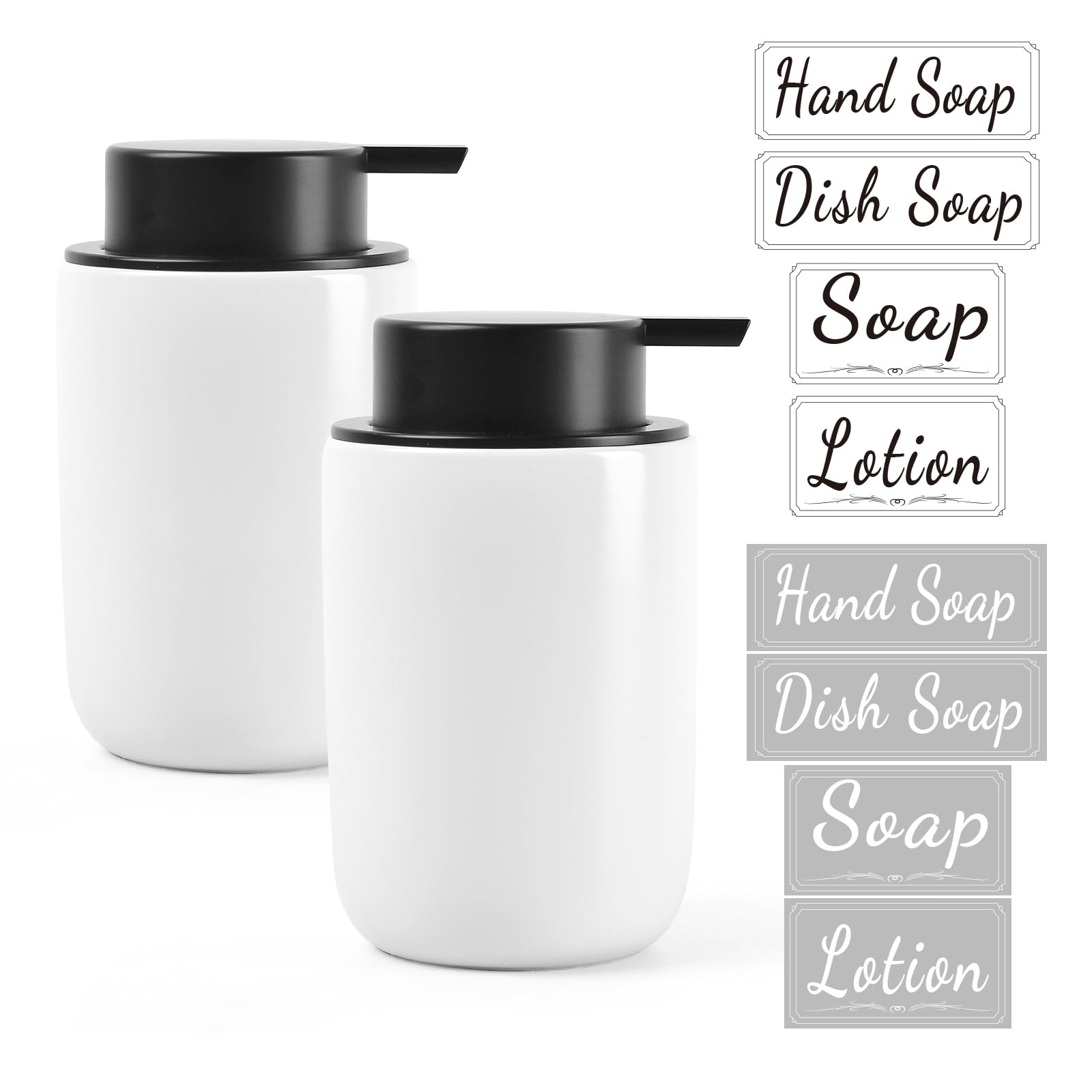 BosilunLife Hand Soap Dispenser for Bathroom Decro 12oz Ceramic Kitchen Dish Dispenser (Lotion Pump, 2PCS White)