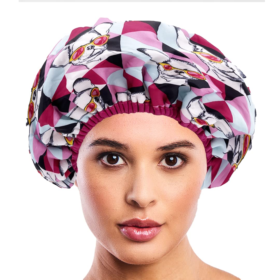 Reusable Nylon Shower Cap & Bath Cap, Reversible Oversized Waterproof Shower Caps Large Designed for all Hair Lengths w Terry Lining & Elastic Band