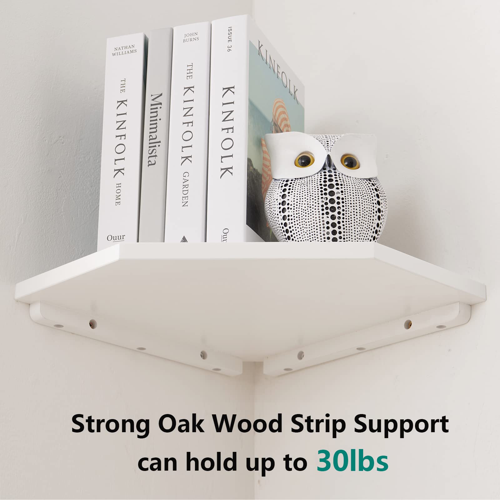 GIEANOO White Corner Shelf Wall Mount, Natural Oak Wood Floating Corner Wall Shelf Round End Shelving Solution Floating Speaker Small Corner Plant