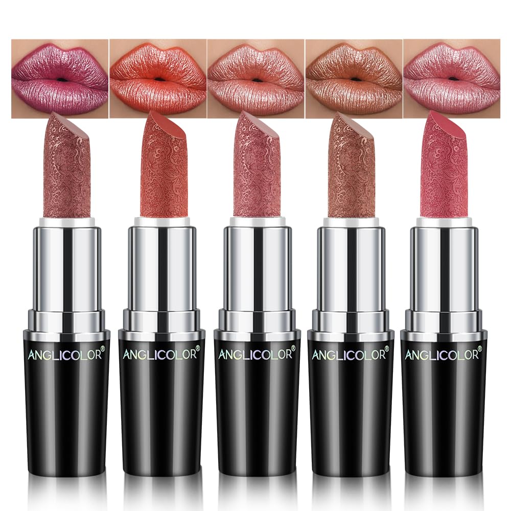 Anglicolor 5 Pieces, Glitter Lipstick, Metallic Shiny Glossy, Shimmer Lipstick, Silky Velvet, Long-Lasting Moisturising, Vegan Lip Gloss for Women and