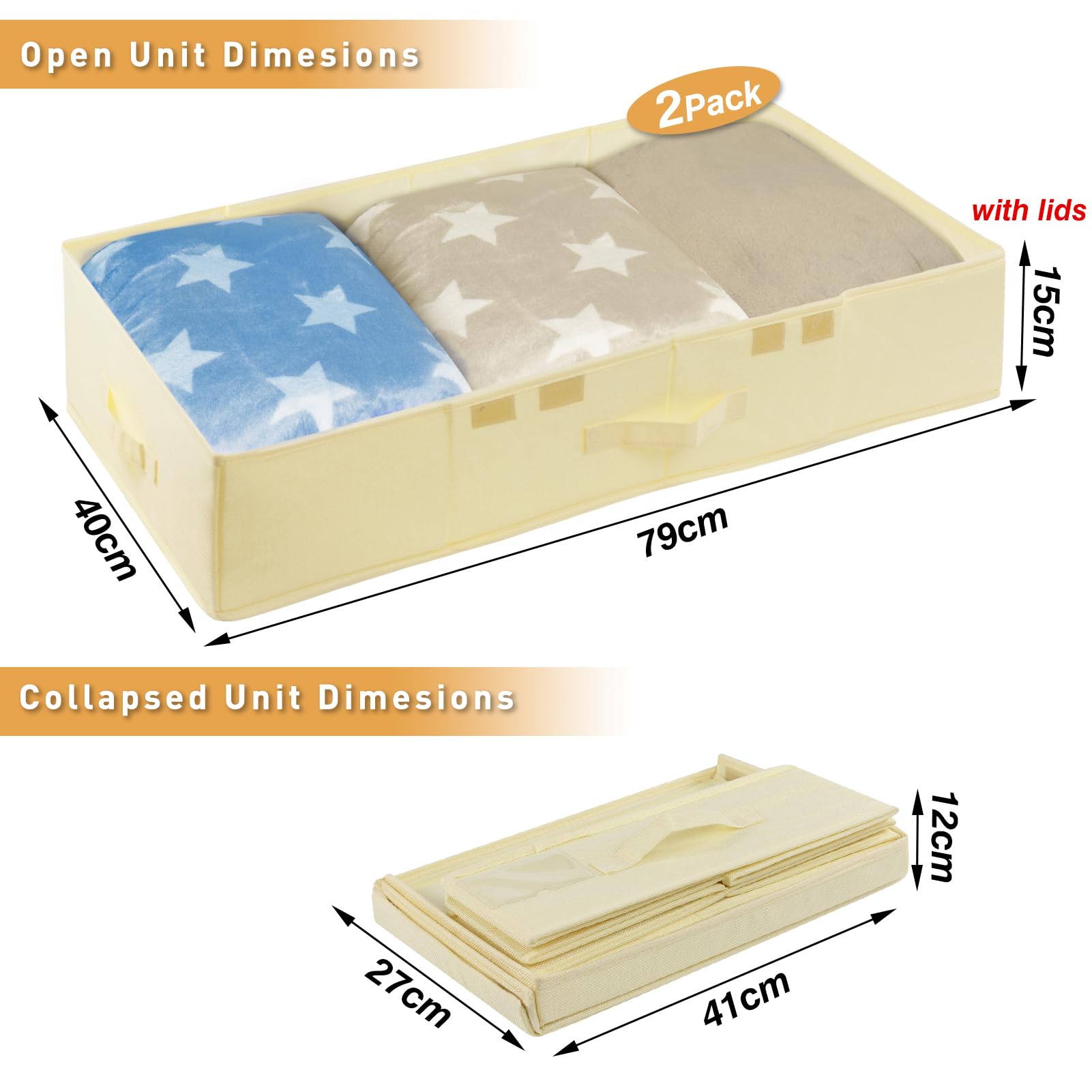 Underbed Storage, 2 Pack Large Under Bed Storage Box with Lids, Foldable Under Bed Clothes Storage Box W/ Handle, Under Bed Storage Organiser Drawer