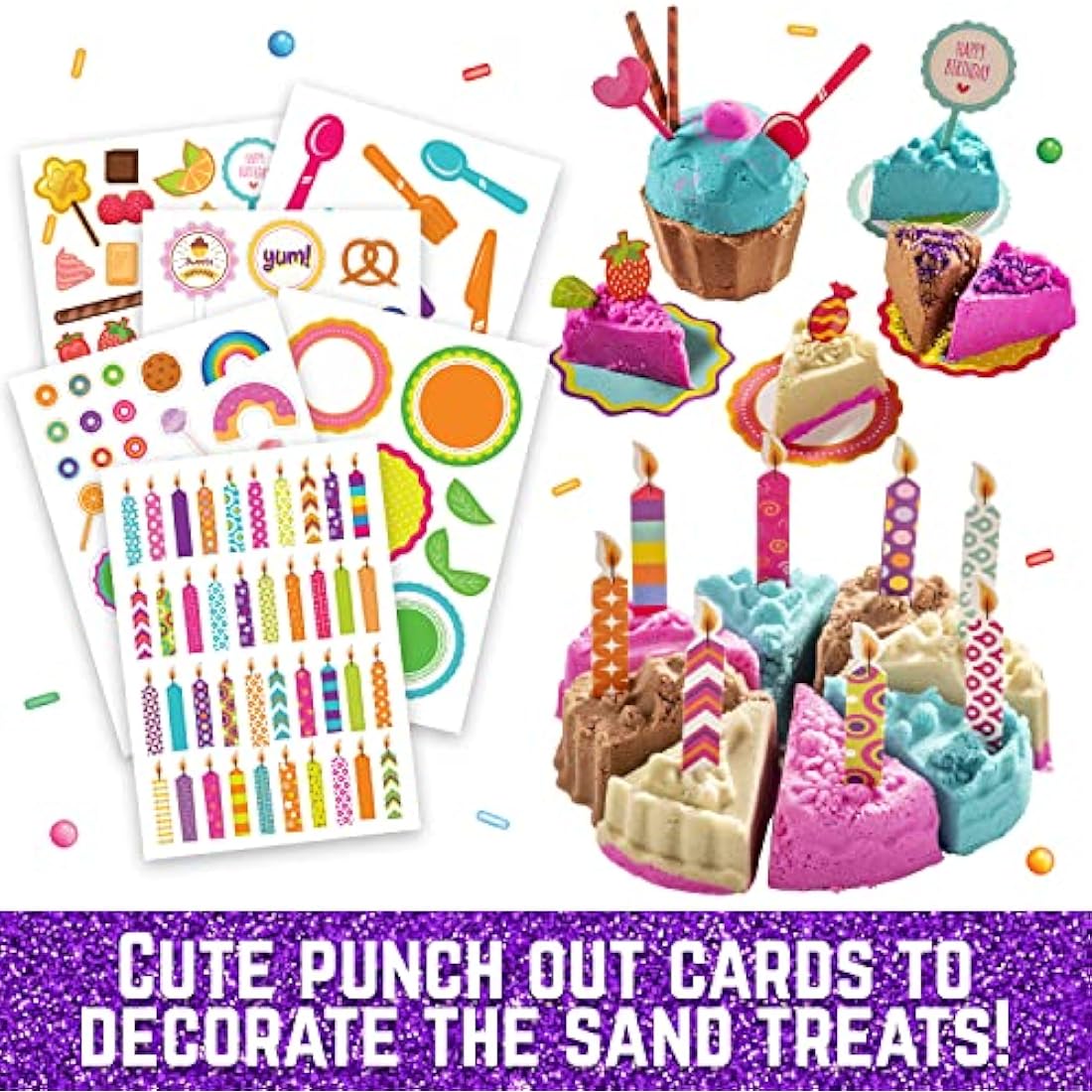 GirlZone Sweet Cakes Play Sand Kit, Play Sand for Kids Sand Pit Kit with 2lbs Mouldable Coloured Sand & 17 Sand Tools, Sand Toys for Toddlers Age 3-5
