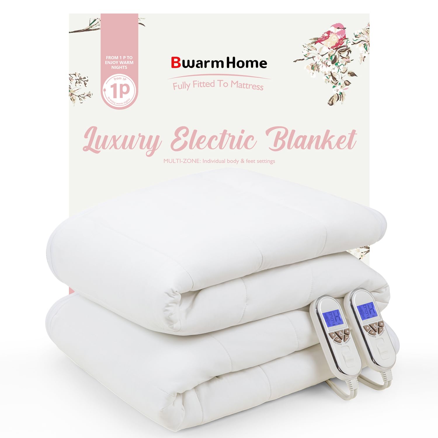 BWARM HOME Luxury Electric Blanket King Bed, Fully Fitted Underblanket Mattress Cover, Multi-zone, Cotton Comfort Layer, Dual Control, 9 Heat
