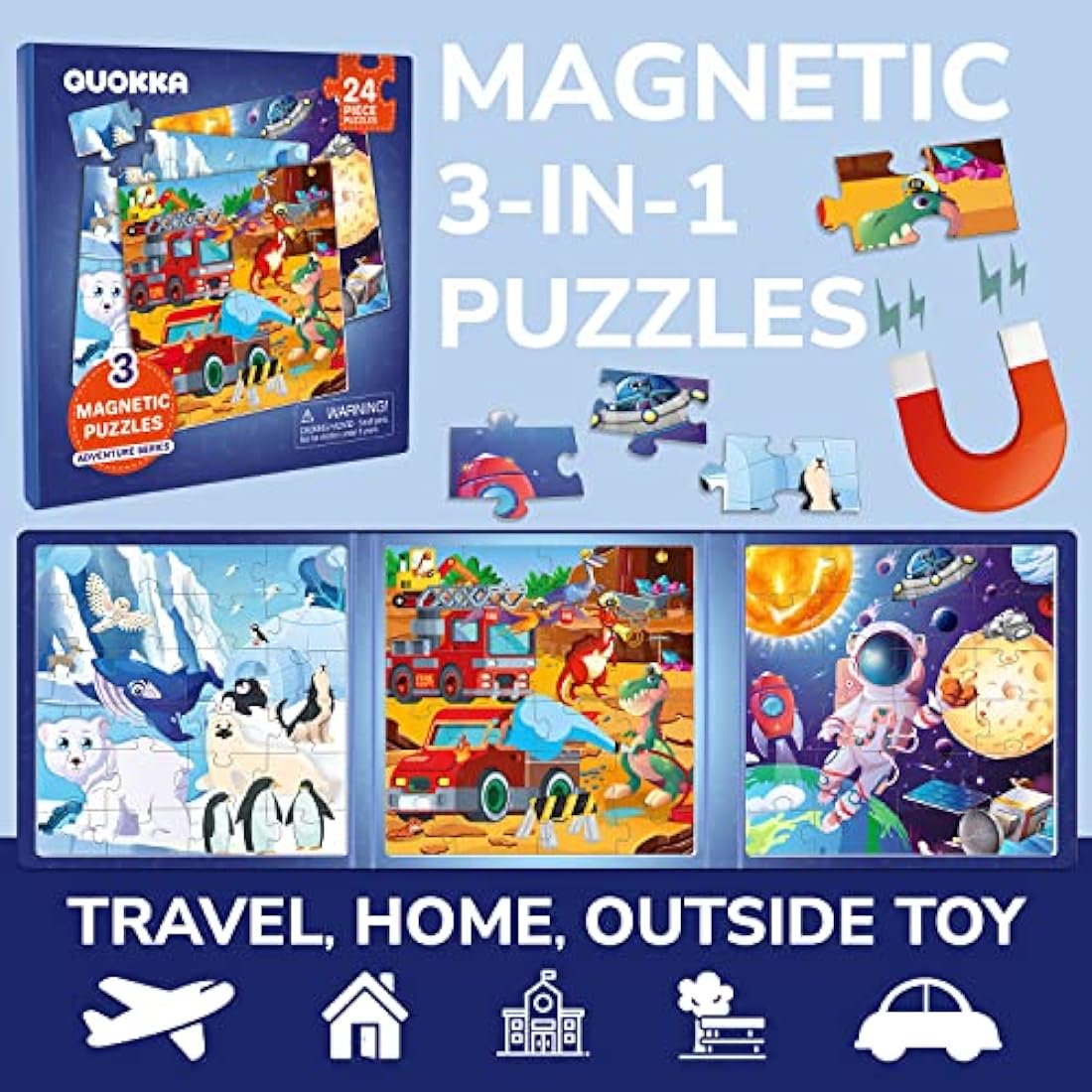 QUOKKA Magnetic Puzzles for 2 3 Year Olds - Travel Games for Kids Age 4 5 - Travel Toys for Toddlers on Plane Car Ride - 24 Pieces Jigsaw Games For 3 yo with Space & Dino - Plane Activities For Kids