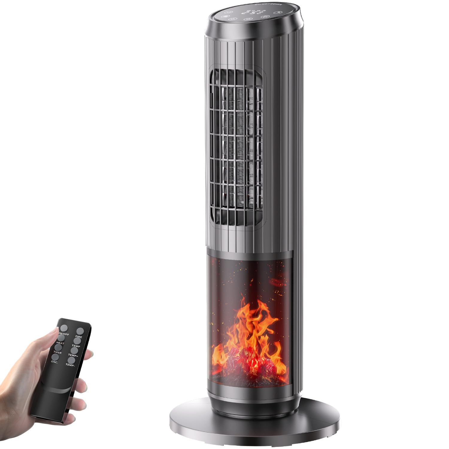 Dolaso Electric Heater for Home Energy Efficient 2000W, Tower Fan Heater with Fireplace, Thermostat, Oscillation, Remote Control, 3 Modes, 1-8H Timer,