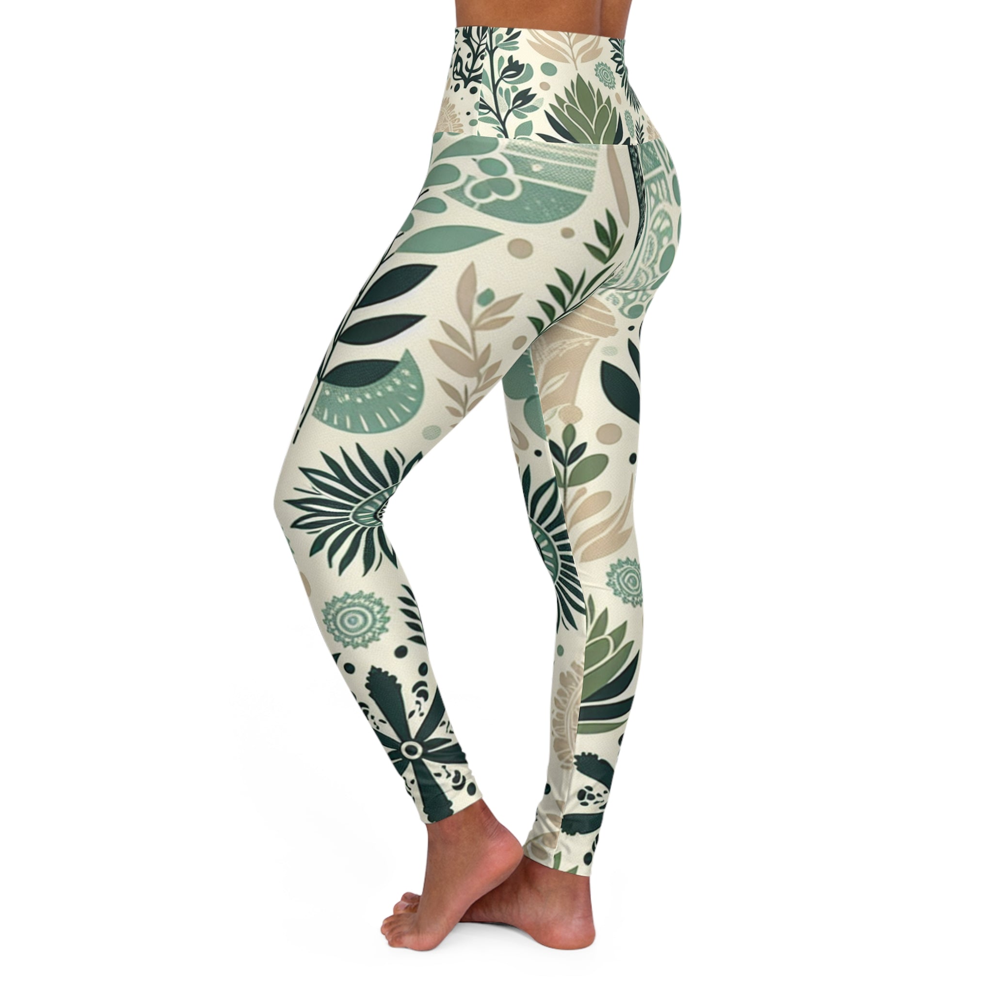 Leilani Beaumont High-Waisted Yoga Leggings - Chic Pastel Green Block Prints & Organic Shapes