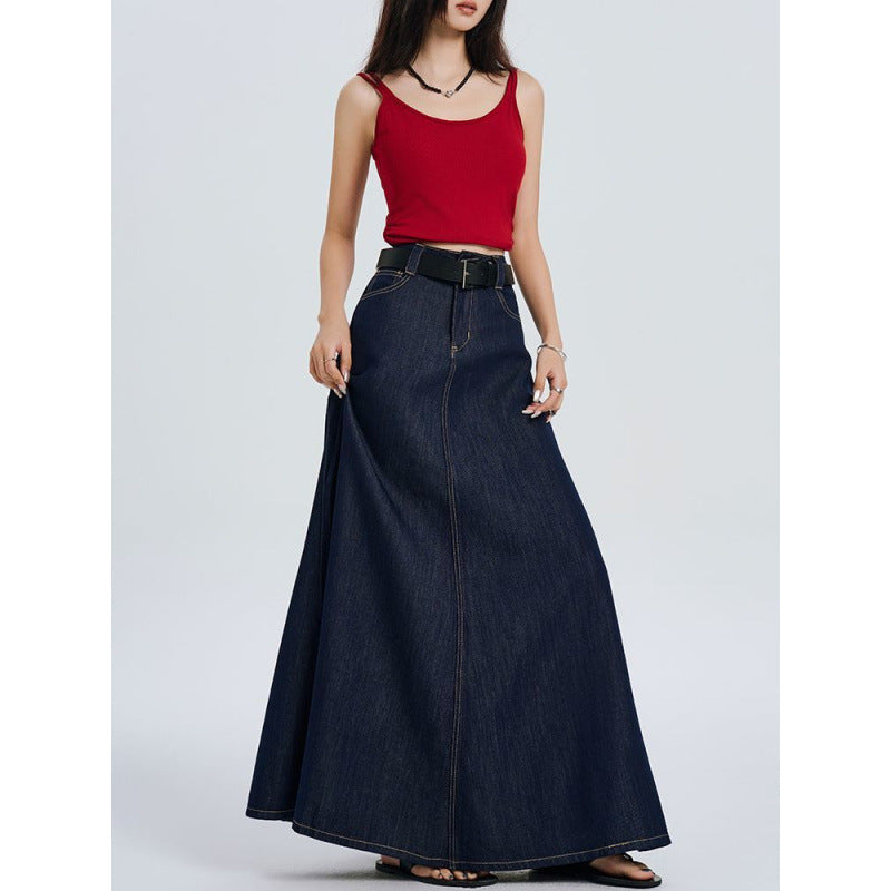 Women's Solid Color Loose Fit Blue Vintage Denim Skirt