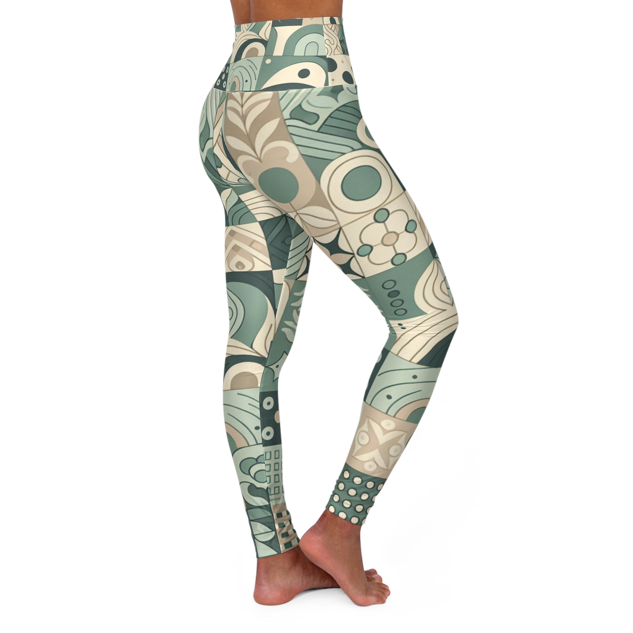 High-Waist Yoga Leggings with Elegant Block Prints in Pastel Green - Dazzling Dreams Studio