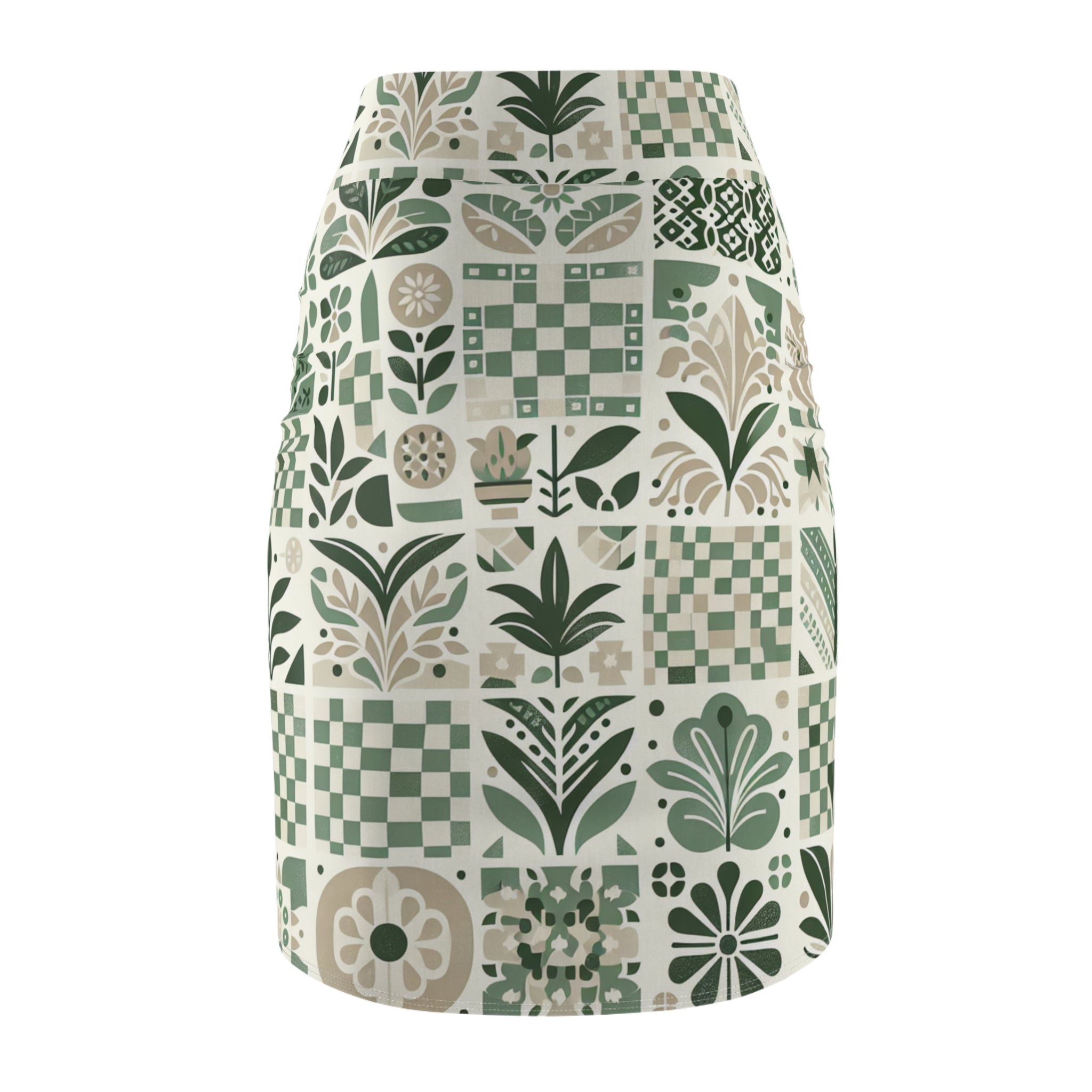 Evelyn Atelier Pencil Skirt - Contemporary Checkerboard Print in Pale Green and White