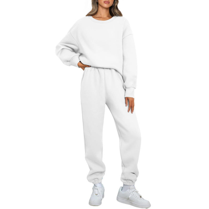 Winter Solid-color Fashionable Crew-neck Pullover With Fleece Lining