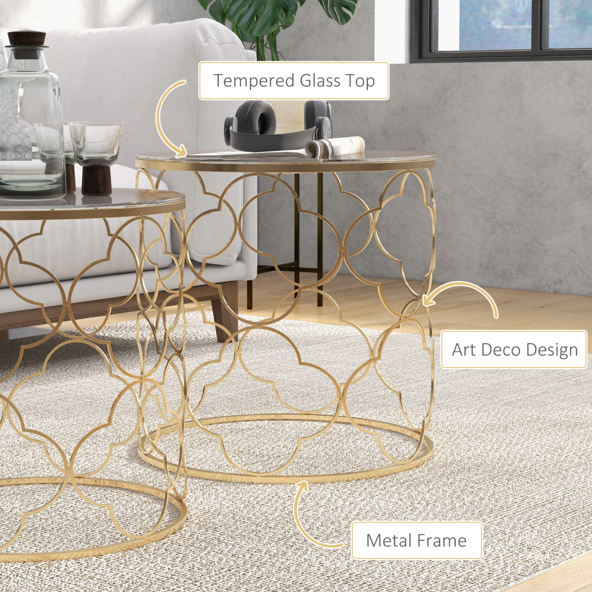 HOMCOM Nesting Tables Set of 2, Side End Table with Glass Top, Gold Tone