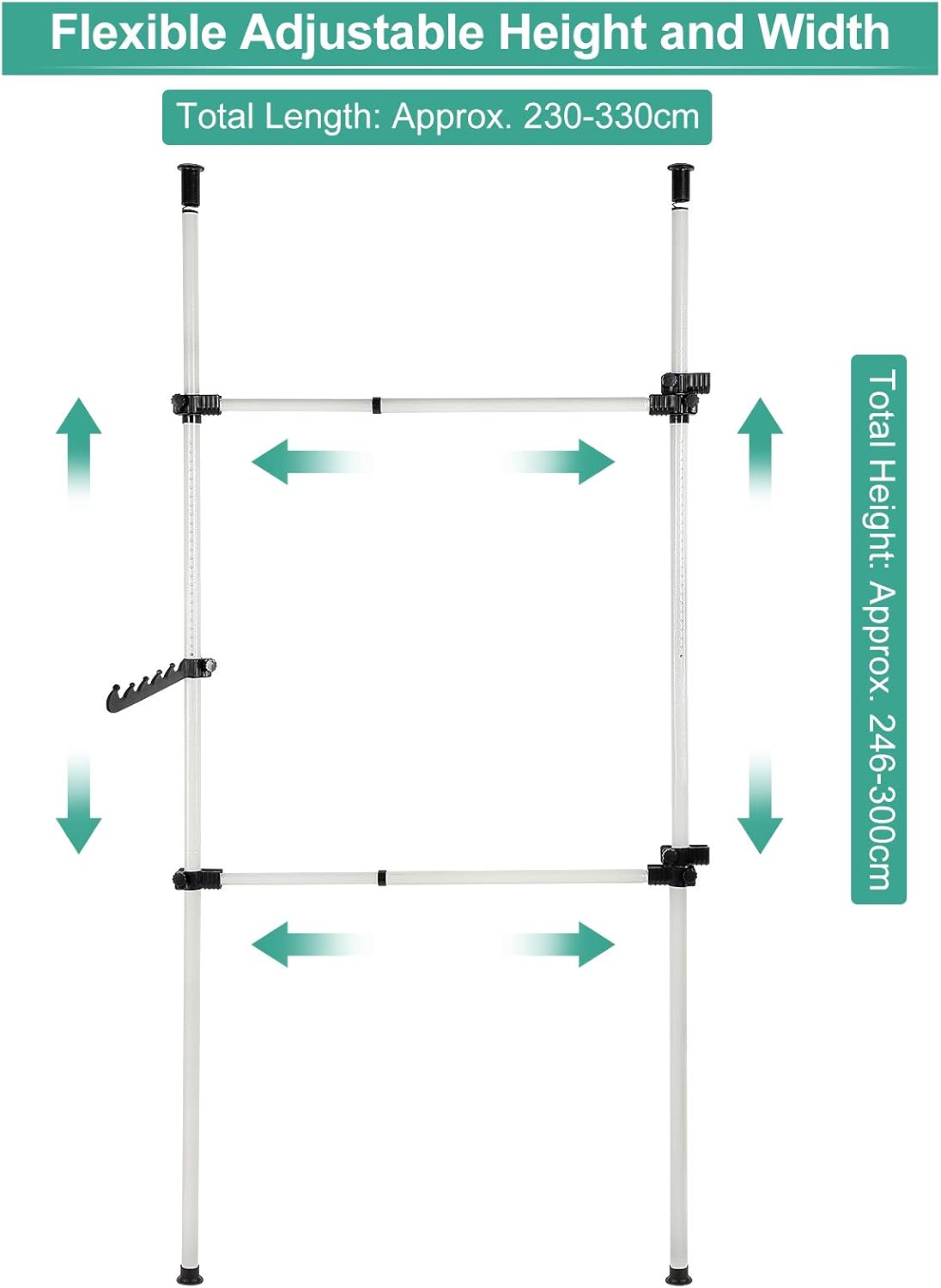Telescopic Clothes Rack Heavy Duty Adjustable Rail with Hooks 8–10.8 ft