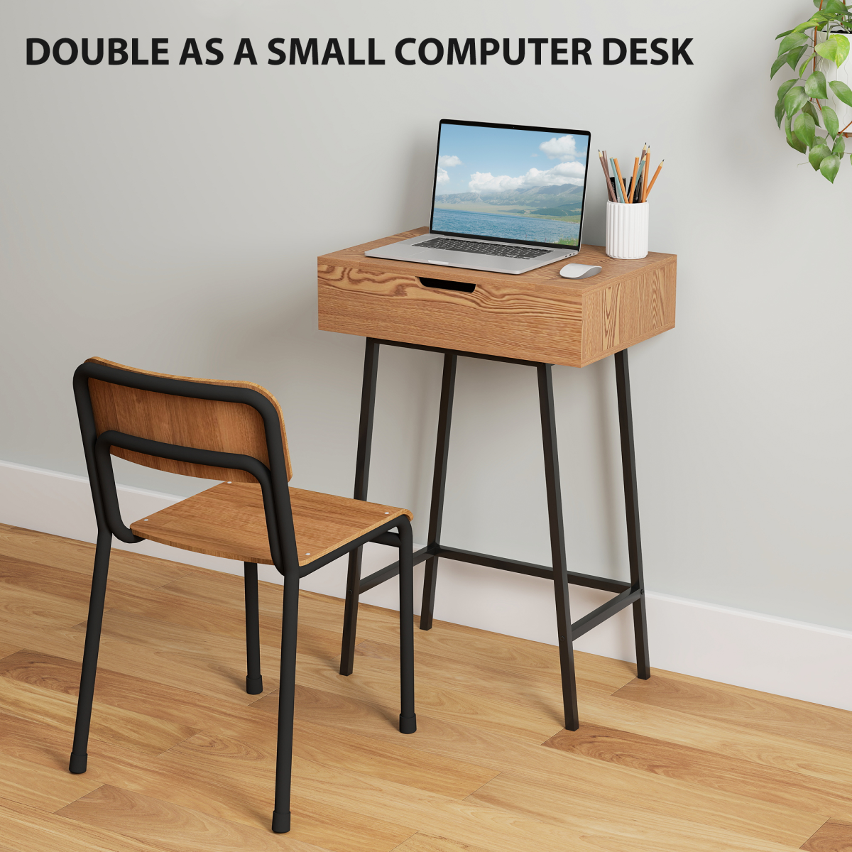 HOMCOM Industrial Vanity Desk with Mirror and Steel Legs Natural Wood Effect