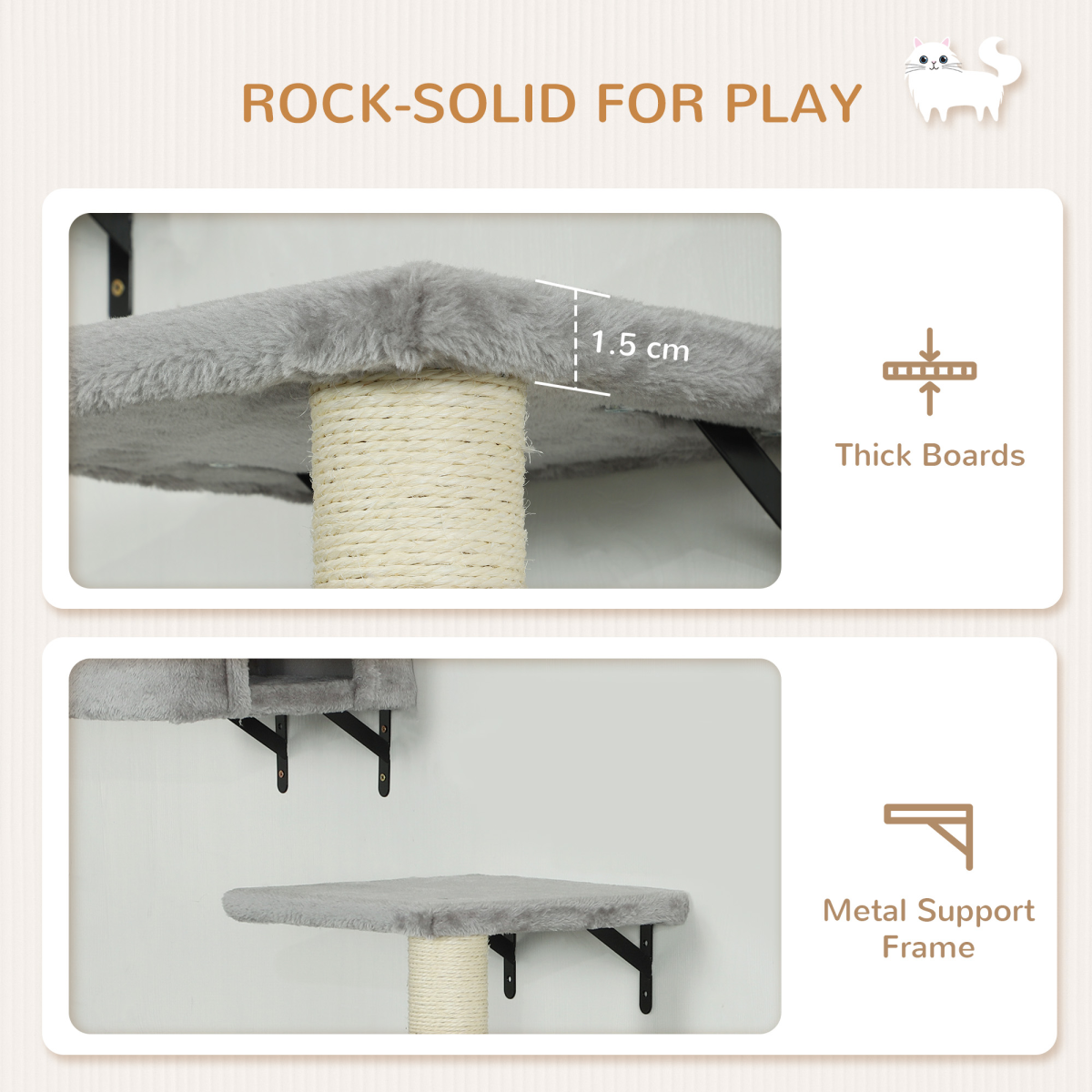 PawHut 6-Piece Cat Wall Shelves Set, Cat Wall Furniture with Condo, Grey