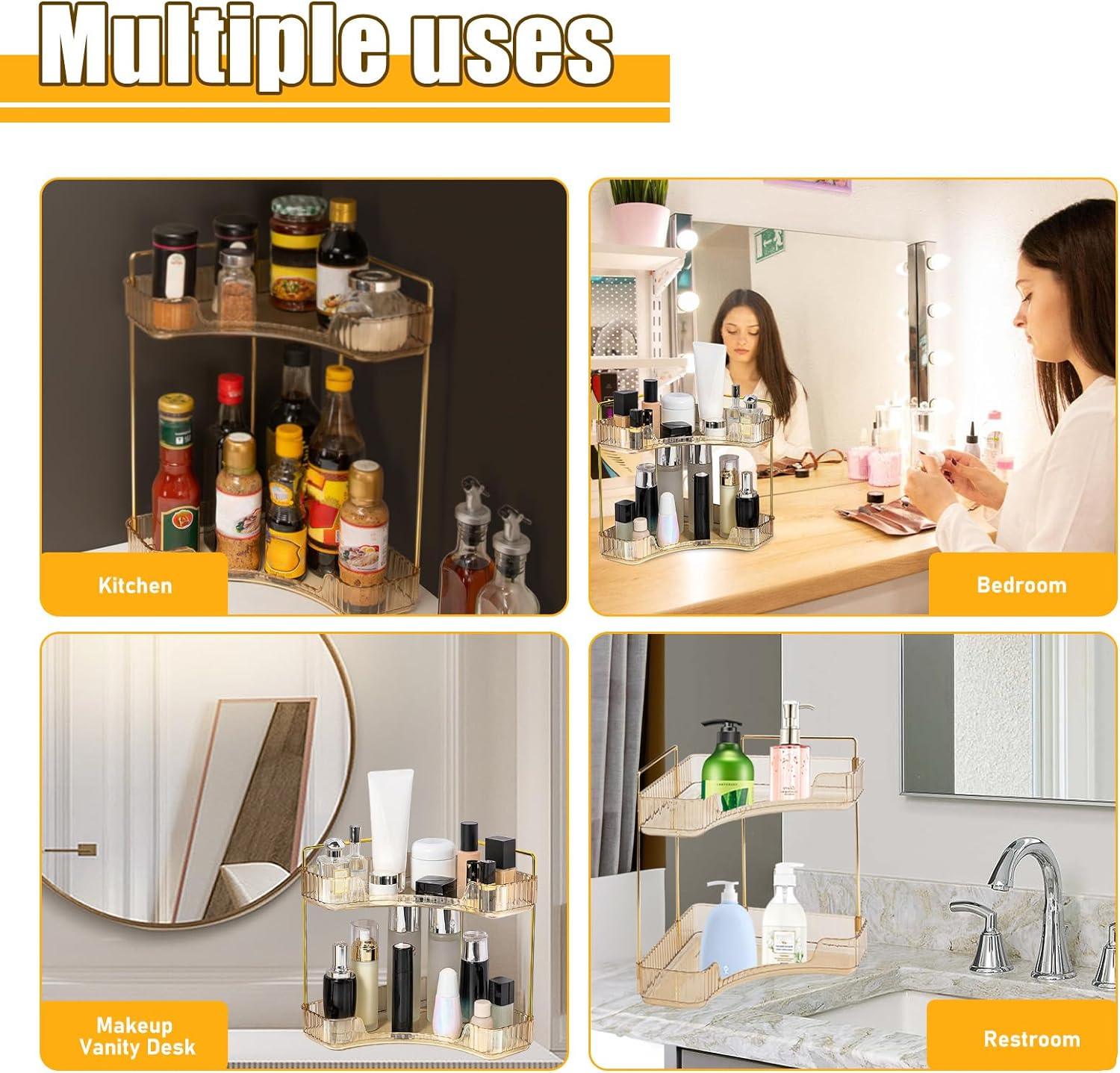 Makeup Organizer Perfume Cosmetic Storage with 2 Layers Gold