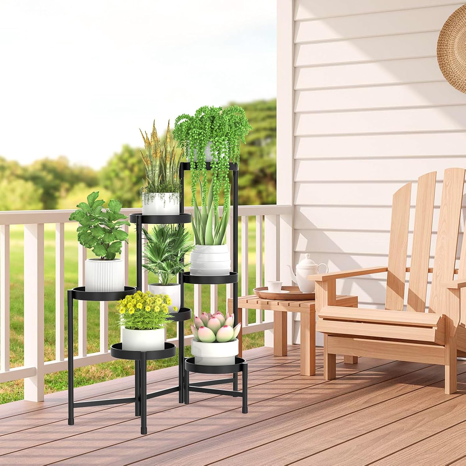 Corner Plant Stand Metal 7 Tier Tall Flower Pot Shelf Indoor Outdoor White