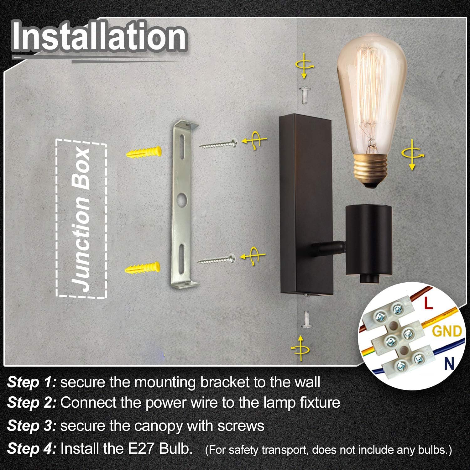 Industrial Wall Lights 2 Pack Rotatable E27 Rustic Wall Sconce Black Lightess