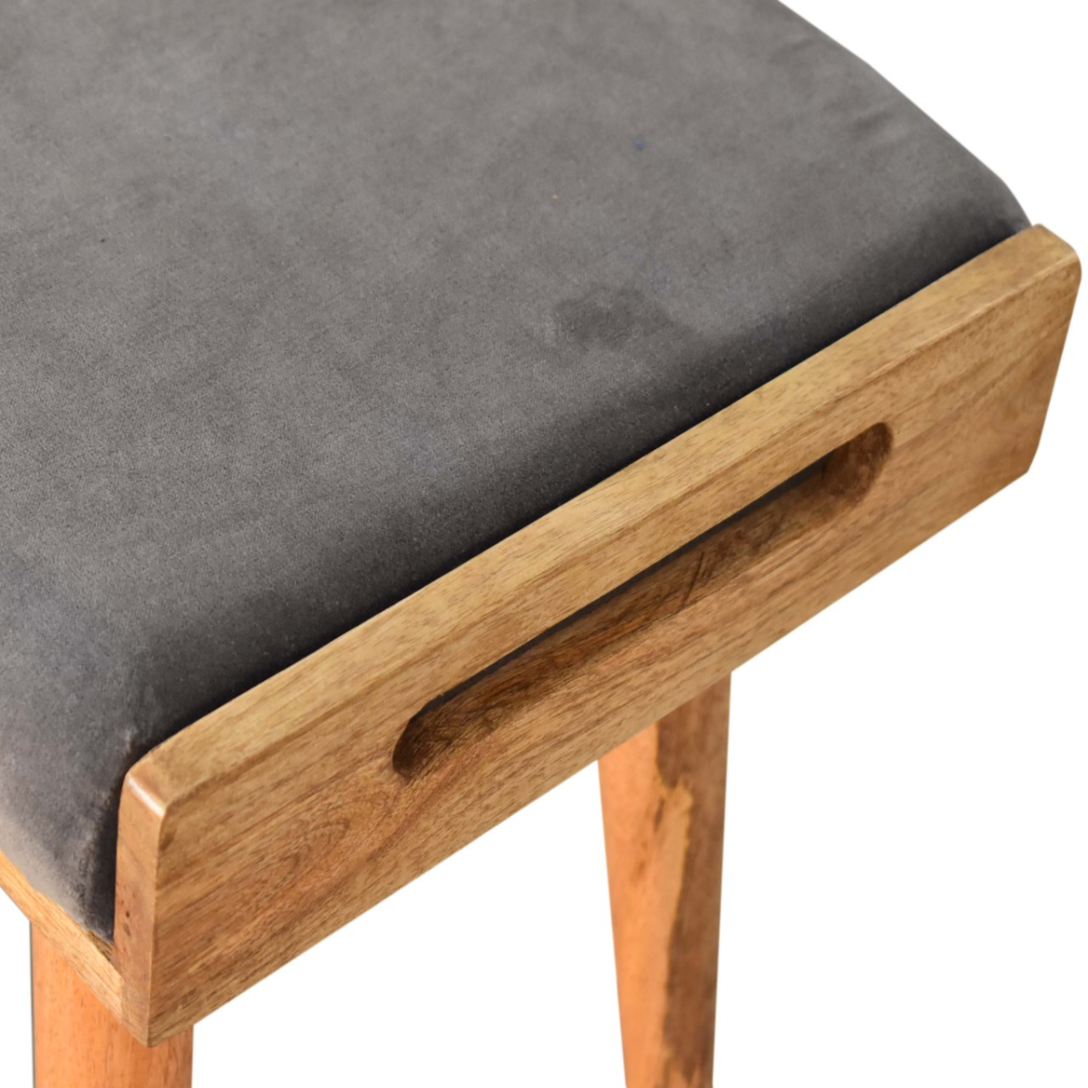 Artisan Furniture Solid Mango Wood Grey Velvet Tray Style Footstool