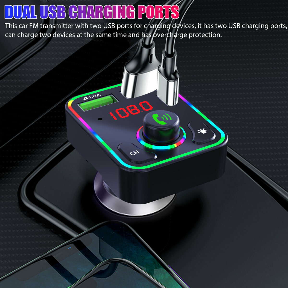 Bluetooth 5.0 Wireless Car FM Transmitter MP3 Player Radio 2 USB Charger Adapter