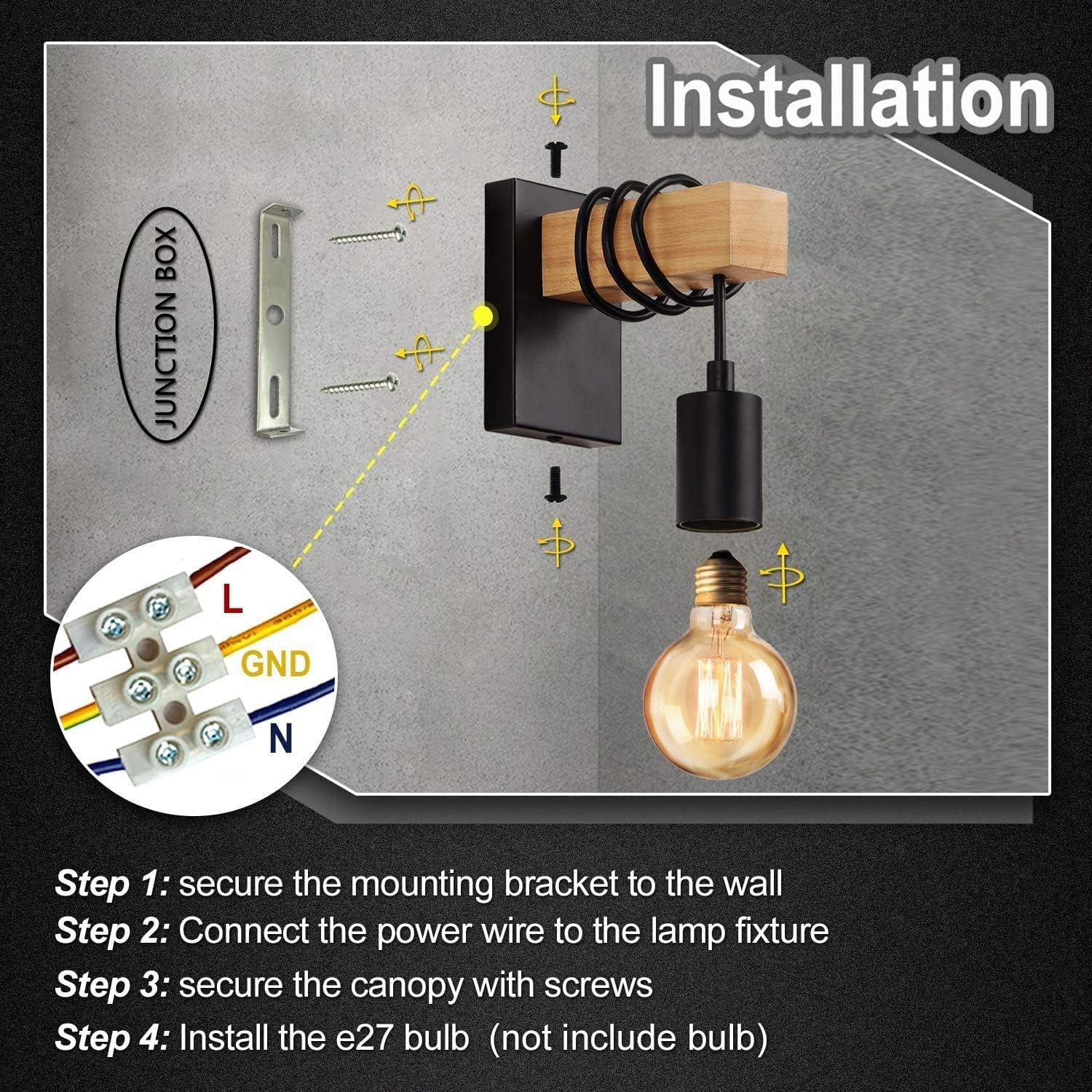 Wooden Wall Light 2 Pack Vintage Industrial E27 Rustic Sconce Black Lightess