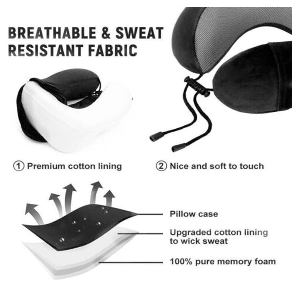 Memory Foam Travel Pillow Neck Support Cushion Without Carry Bag Ear Plugs Mask
