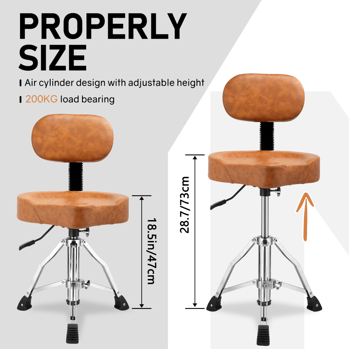 Drum Throne with Backrest, Hydraulic Drum Stool Adjustable Height, Heavy Duty Hydraulic Drum Seat Saddle Design for Drummers Brown