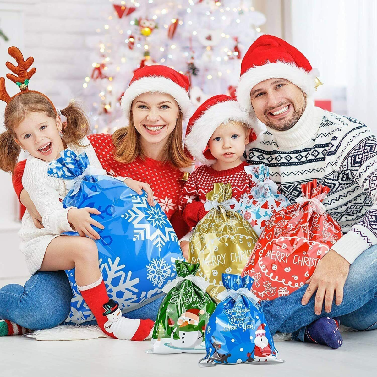 30pcs Christmas Gift Bags Santa Printed Packaging Xmas Treat Foil Drawstring Bag