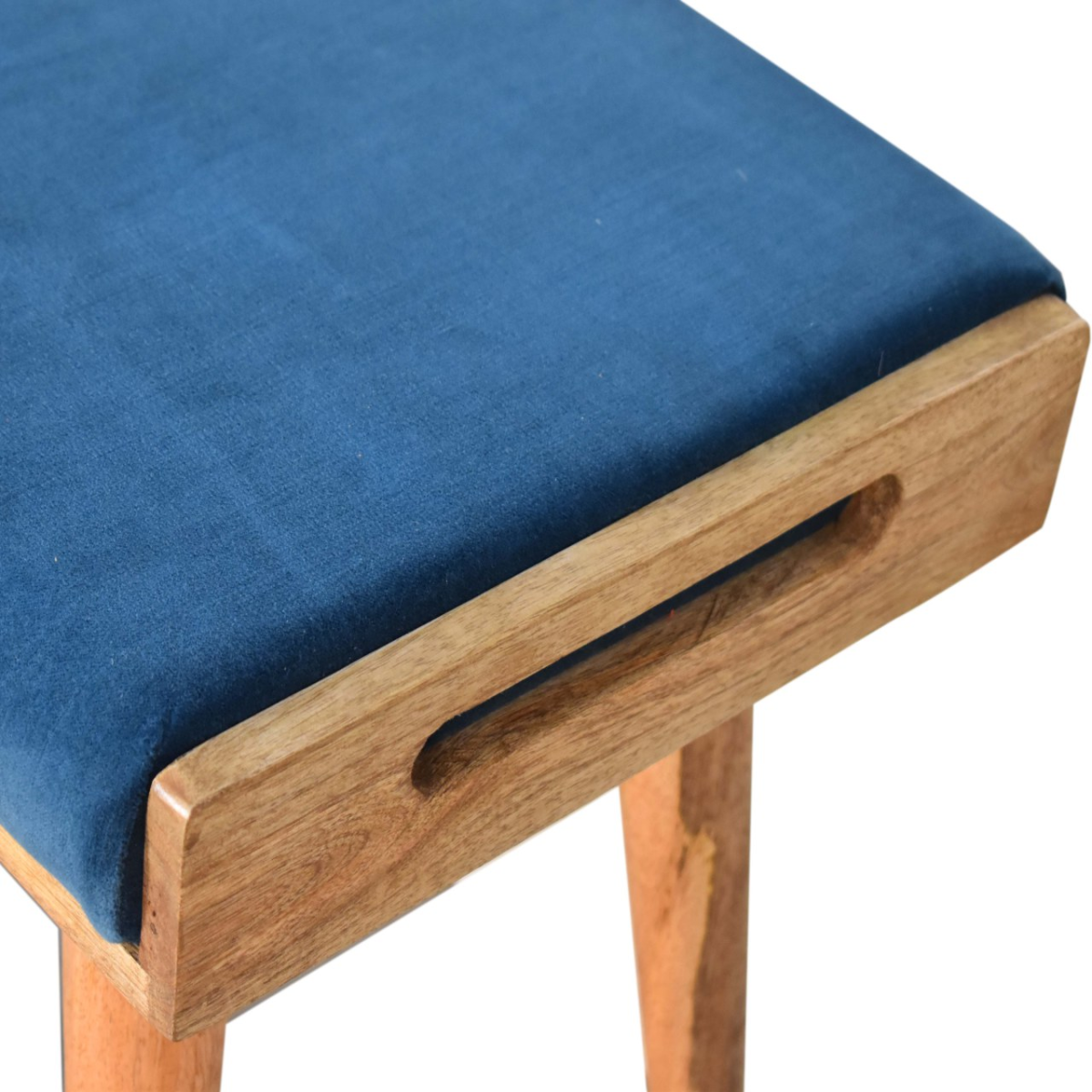 Artisan Furniture Solid Mango Wood Teal Velvet Tray Style Footstool