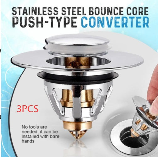 Bounce Core Pop-up Drain Filter Bathroom Stainless Steel Bounce Core Push-type Hair Stopper Basin Pop-up Drain Filter