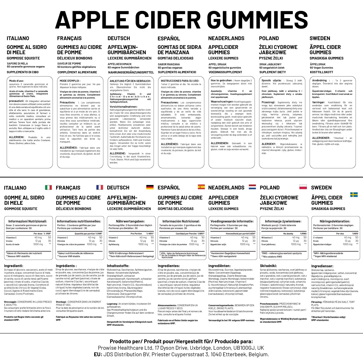 Vegan Apple Cider Vinegar Gummies | Apple Flavour | High Strength 1000mg with Vitamin C, Chromium and Pomegranate