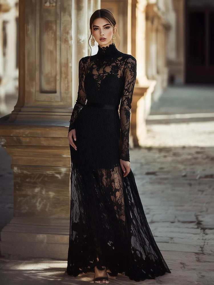 Women's Solid-color Hollow-out Vintage Stand-collar Long-sleeve Lace Maxi Dress With A Fitted Waist