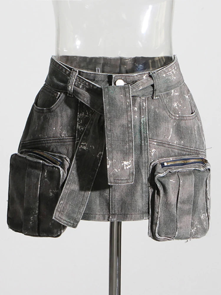 DEAT Women's Distressed Denim Skirt with Lace-Up Belt and Camouflage Design for Spring 2024